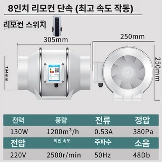 키친 후드 시코로팬 환기팬 교체 송풍기 공업용 덕트부자재, 8인치 리모컨 단일 속도