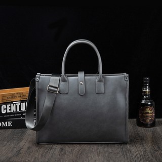 新款復古男包瘋馬皮男士手提包商務公文包單肩斜挎包 防水公事包手提包 通勤包 斜跨包 側背包 斜背包 筆電包【奧特萊斯】, 深灰色