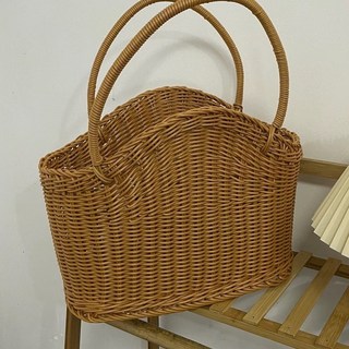 格森 仿藤購物籃大號 時尚買菜籃子環保提菜籃水果籃 戶外野餐籃寵物籃, 茶色,時尚手提籃大號小號各一個, 1個