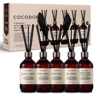 코코도르 프리미엄 대용량 디퓨저 + 섬유스틱 7p, 블랙체리+에이프릴프레쉬+양재동꽃시장+숲속새벽공기+북스토어인더우드, 500ml, 5개