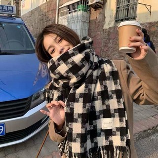 黑白大格子圍巾 韓系加厚保暖學生圍脖 情侶款流蘇披肩