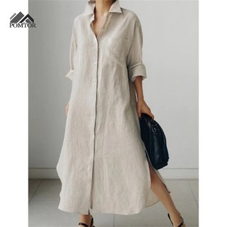 POMTOR 여성 면마 셔츠 원피스 넉넉한 불규칙한 긴 원피스