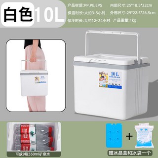 戶外車載保溫保冷箱 商用擺攤冰桶 移動式保冰箱 家用戶外野餐保冷手提便攜保鮮箱 SE, 10L新*月光白*1個冰板5個冰袋