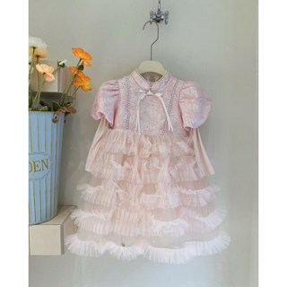 童趣小姐秋冬時尚女童洋裝禮服 粉色珍珠荷葉層層紗裙 甜美小公主宴會禮服