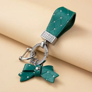 고급 가죽 실버 큐빅 리본 자동차 키링, 그린, 1개