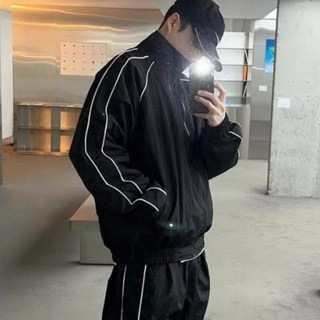 OPB 白條暗黑風衣外套 防潑水機車外套 滾邊街頭設計高街線條拉鍊外套
