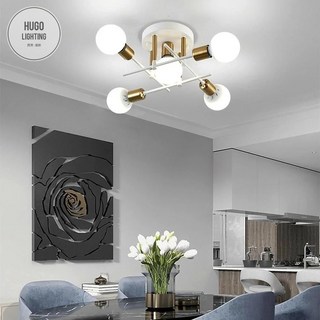 雨果燈飾 E27燈頭無燈罩半吸頂燈，五燈/七燈/九燈可選，適用廚房、陽台、工業風房間燈、客廳燈, 白色 / 5燈 / 無燈泡,2段