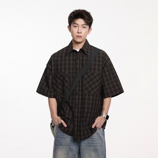 日系復古純棉雙口袋格紋寬鬆短袖襯衫