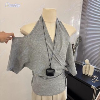 性感露背露肩掛脖寬鬆短袖T恤，交叉V領慵懶上衣，嘉義發貨，夏季新款黃色系