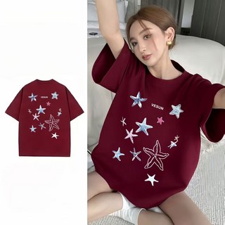 cansee 韓版落肩塗鴉海星印花短袖上衣女 純棉寬鬆圓領T恤