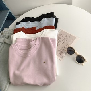 簡約圓領天絲雲梯棉短袖T恤 女 涼感彈力純色顯瘦刺繡小標韓版上衣