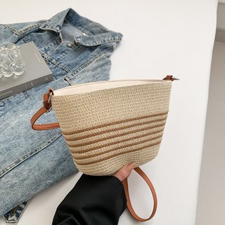 春季流行度假風草編水桶編織包女海邊大容量百搭單肩斜挎小包時尚, 米色