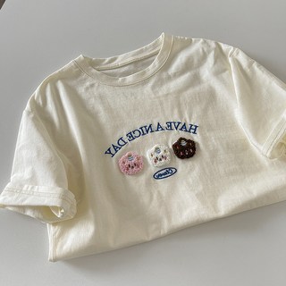 여성 반팔 티셔츠 감미로운 레터링 자수 반팔 루즈핏 라운드 티셔츠