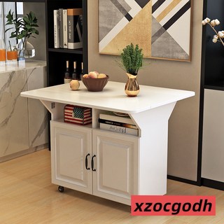 北歐輕奢折疊桌子 餐桌 切菜桌 中島臺 多功能傢用小戶型折疊餐桌可移動廚房儲物櫃客廳邊櫃 收納櫃 儲物架 置物櫃, 80*80白色單桌（圓角）帶門