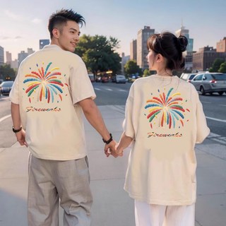 純棉背後煙花圖案短袖T恤 情侶裝 班服 多色中性款, 白色,XM