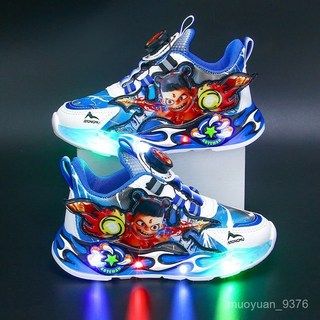 哪吒帶燈男童鞋2025春秋新款皮麵防水兒童運動鞋旋轉扣小孩跑步鞋 MPJD