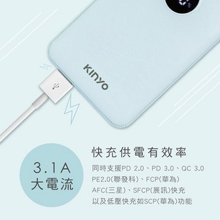 LED顯示 極致輕薄全兼容快充行動電源KPB-3317雙向快充20W輸出智慧IC智能辨識3.1A大電流安全保護, 【藍色】, 藍色