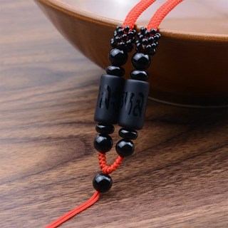 昱晶閣 高檔天然黑瑪瑙六字真言吊墜掛繩 桶珠粗款可伸縮玉佩項鍊繩, 1件, 可調繩+磨砂黑瑪瑙(六字真言), 紅繩