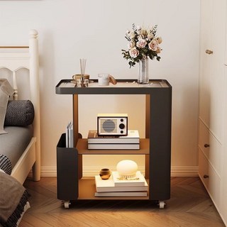 床頭櫃 邊幾 可移動小邊几中古風邊几桌床頭櫃客廳小桌子小茶幾沙發邊櫃置物架, 輕奢黑 無燈:50*30*55長虹玻璃,長方形多層儲物可移動邊幾