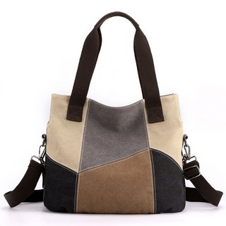 심플 패션 여성가방 캔버스백 여 대용량 빈티지 크래쉬 배색숄더백