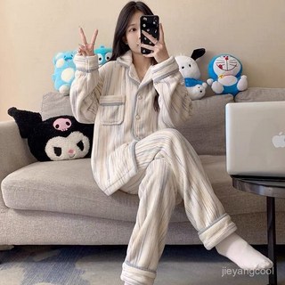 法蘭絨加厚珊瑚絨睡衣套裝，秋冬季女士保暖家居服，柔軟舒適可外穿