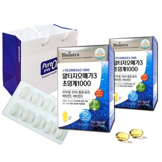 알티지오메가3 초임계 1000 선물세트+쇼핑백 고순도 고함량 EPA+DHA 1000mg 비타민D E 함유 식물성캡슐 명절 부모님 건강기능식품 효도 선물, 60정, 2개