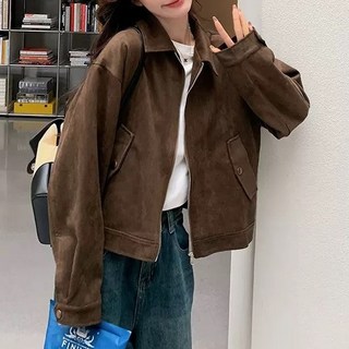 Sharkhead 短版麂皮外套，美拉德美式復古，深咖，翻領，拉鍊，扣子，落肩，寬鬆休閒