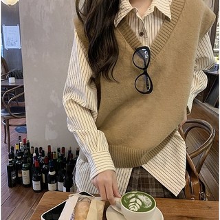 【Cavensi】S-4XL 日系V領針織背心 針織馬甲 素色外搭毛衣背心 加大尺碼 針織背心