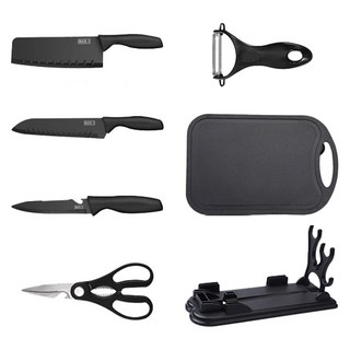7종 세트 세라믹 칼 거치대 포함 주방 용 식도 칼세트 세라믹칼 가위 채칼 식칼 과도 주방칼 부엌 정리 부엌칼 코팅칼 중식칼, R99128B(블랙, 중식도+식도+과도+가위+필러+도마+칼블럭, 1세트
