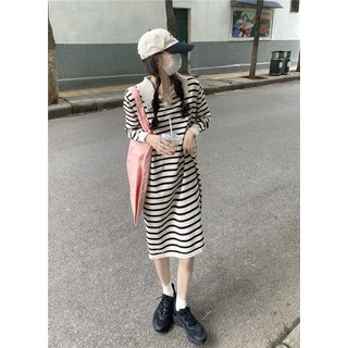 【DF】실제 가격 진짜 총 가을과 겨울 새로운 ~ 게으른 긴팔 티셔츠 드레스 느슨한 캐주얼 스트라이프 니트 드레스 여성을위한