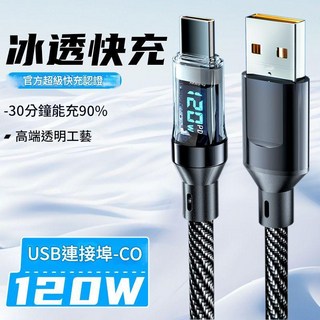 冰透快充100W手機平板通用快速充電線，官方超級快充認證，高端透明工藝，30分鐘能充90%, 黑色, 1個, USB轉Type-c【編織數顯快充】
