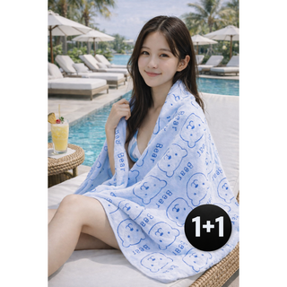 이지몰 곰돌이 비치타월 대형 극세사 타월 수영장 바다 물놀이 수건 1+1, 1세트, 아이보리+핑크