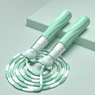 兒童竹節跳繩，初學者幼兒園小學生適用，軟珠調節，負重電子跳繩，計數/無繩/智能跳繩, 1個, 熊貓簽名-綠色款【材質柔軟】-雙竹節色