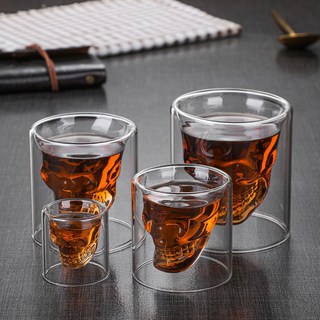 蝦小帥 創意 網紅 雙層 玻璃 骷髏頭杯 ins咖啡杯 雞尾酒杯 異形個性酒杯, 1個, 250ml骷髏杯
