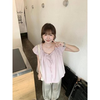 套裝女減齡夏季新款韓系2025繫帶寬鬆短袖襯衫上衣 闊腿褲兩件套