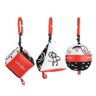 搖鈴毛絨掛件三件套 床掛 車掛 玩具 嬰幼兒 益智 感官 床頭鈴 掛鈴 手抓球 布球, 1個, （開窗彩盒）紅白黑色 三件組