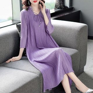 여성 7부 소매 플리츠원피스 빅사이즈 프릴넥 루즈핏 쉬폰원피스 슬림핏 주름 롱 원피스