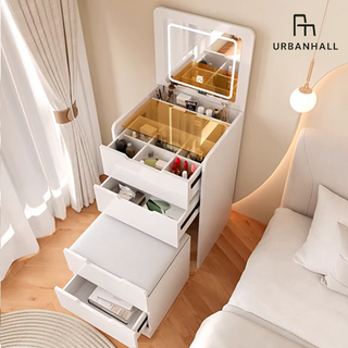 어반홀 원목 화장대 수납 거울 월넛 led 조명 여학생 내추럴 모던 서랍형 소형, 48cm LED조명 화장대 set, 크림