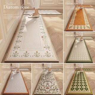 「轻奢布艺美学」法式復古軟式硅藻土地墊 廚房地墊 吸水吸油軟墊 長條地墊 加大 防滑地墊 矽藻土軟地墊 珪藻土軟地墊, 1個, 青袂紅邊軟硅藻泥地墊,45x75cm