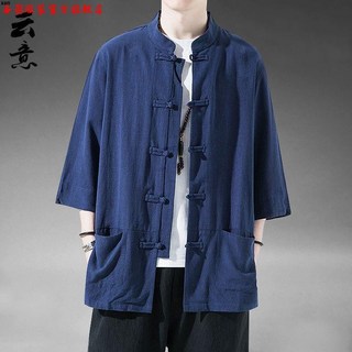 2025新品 襯衫男 中國風亞麻短袖唐裝 復古五分袖漢服 棉麻居士服 大碼半袖茶服