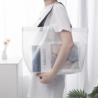 透明防水購物袋 手提編織托特包 透明置物袋, 1個, 透明编织袋,42*27*12小號