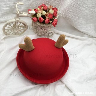 RLXA 聖誕帽 聖誕節裝扮 節日派對親子款鹿角毛呢帽 冬季韓版圓頂英倫風, 1個, 紅色,帽圍50cm（2歲內）