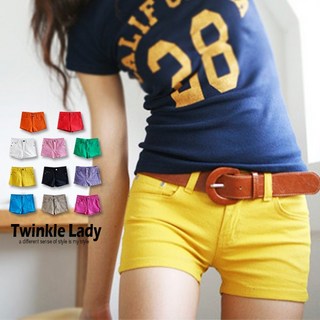 崔可小姐 夏季 彩虹糖果色 口袋 仿牛仔 短褲熱褲 EM0001