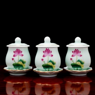 鶯歌精製 招財進寶 陶瓷供水杯三杯盤套組 - 50ml 燙金字佛前供杯, 1個, 【彩蓮】三杯盤套組50ml