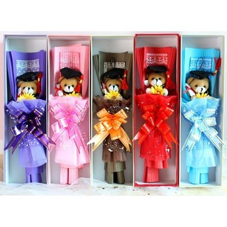 迷你畢業熊花束/畢業小熊花束/畢業花束/畢業禮物/畢業熊/玩偶花束/向日葵/畢業典禮, 藍色,花束＋禮盒＋櫥窗提袋, 1個