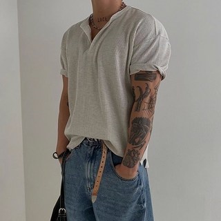 老錢風華夫格亨利衫男短袖夏季肌理感cleanfit卹休閒顯壯肌肉上衣