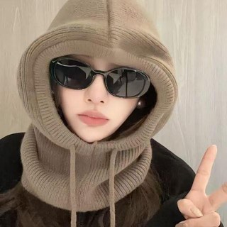 韓版針織巴拉克拉法帽圍脖一體帽 秋冬保暖毛帽圍巾 時尚百搭套頭帽, 黑色,均碼（56-60CM）, 1個