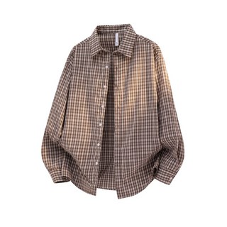 復古格子長袖襯衫，男女同款，情侶百搭休閒翻領襯衣