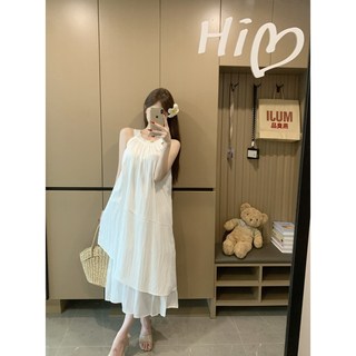【Echo Chic】實拍實價韓系掛脖褶皺拼接氣質連衣裙女2025夏季寬鬆度假溫柔長裙, 白色,均碼
