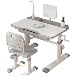 台中出貨 升降兒童書桌椅 學習桌 適用3-18歲, 灰色（手搖升降）送檯燈